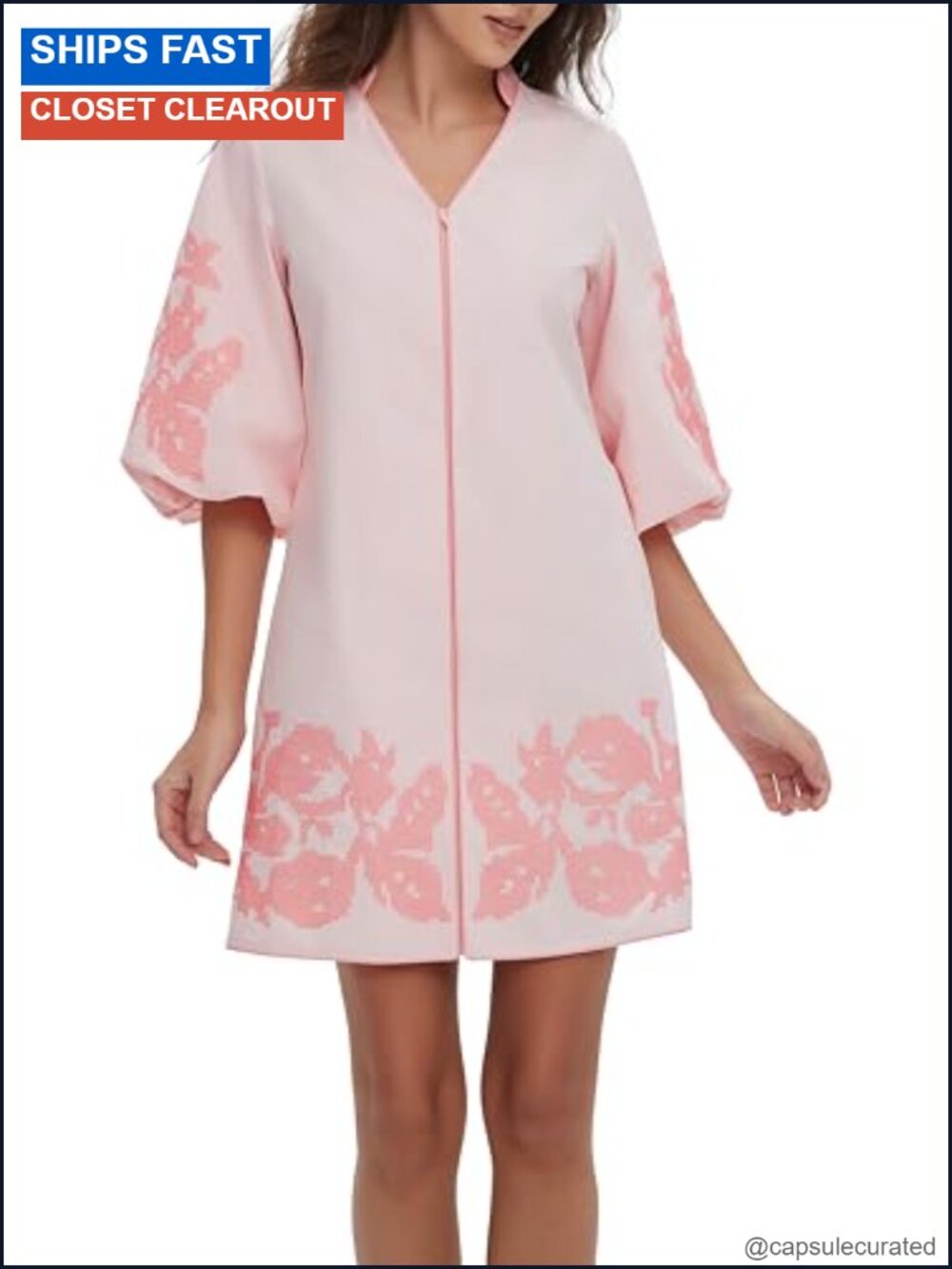 Floral Embroidery Mini Dress 3/4 Puff Sleeve V-Neck Cotton Zip Front with